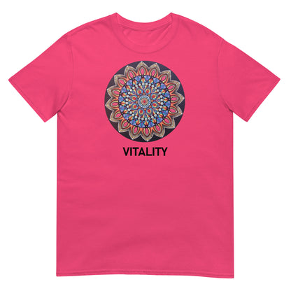 Unisex Softstyle T-Shirt (mandala with pink petals | on front | VITALITY in black lettering)