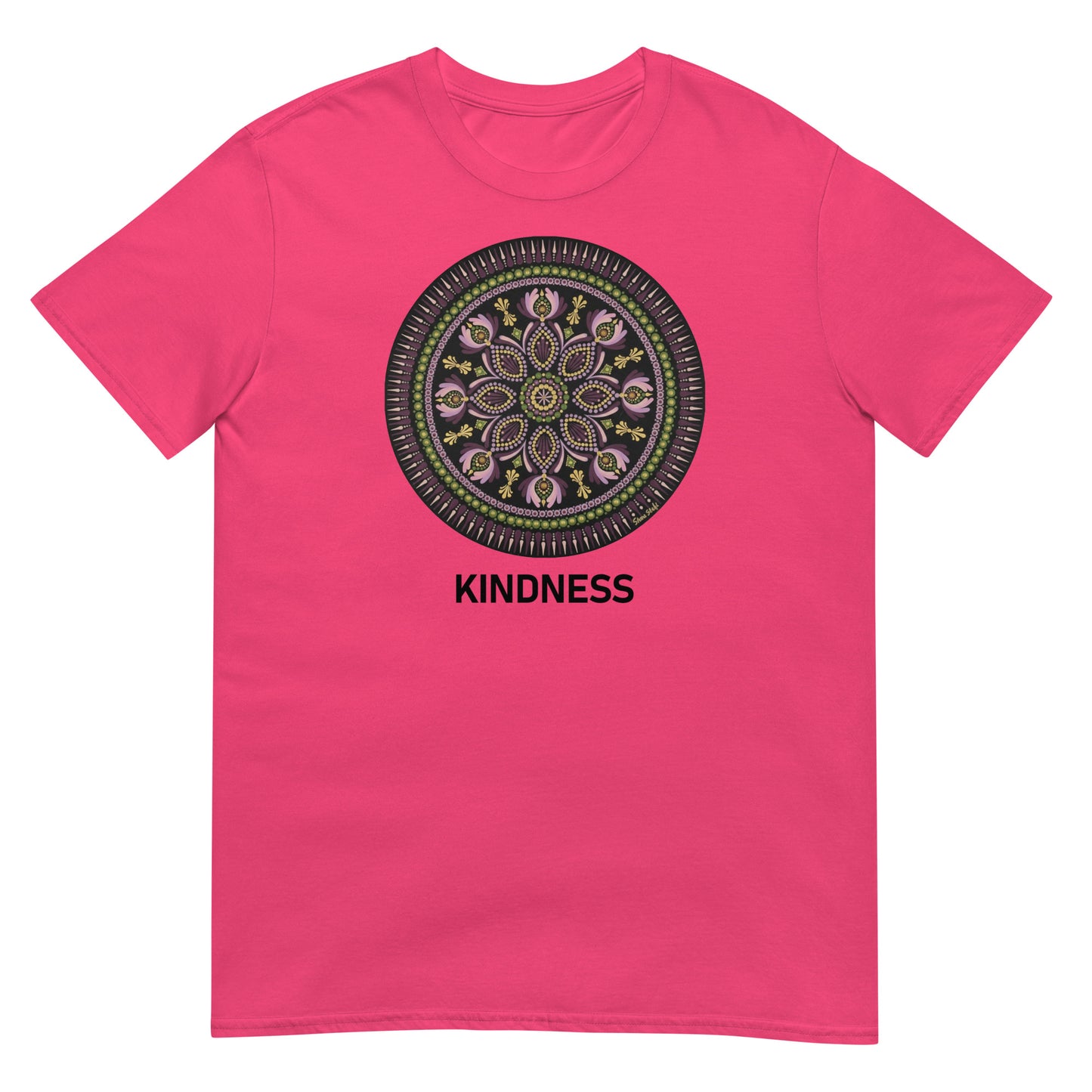 Unisex Softstyle T-Shirt (mandala with magenta rim | on front | KINDNESS in black lettering)