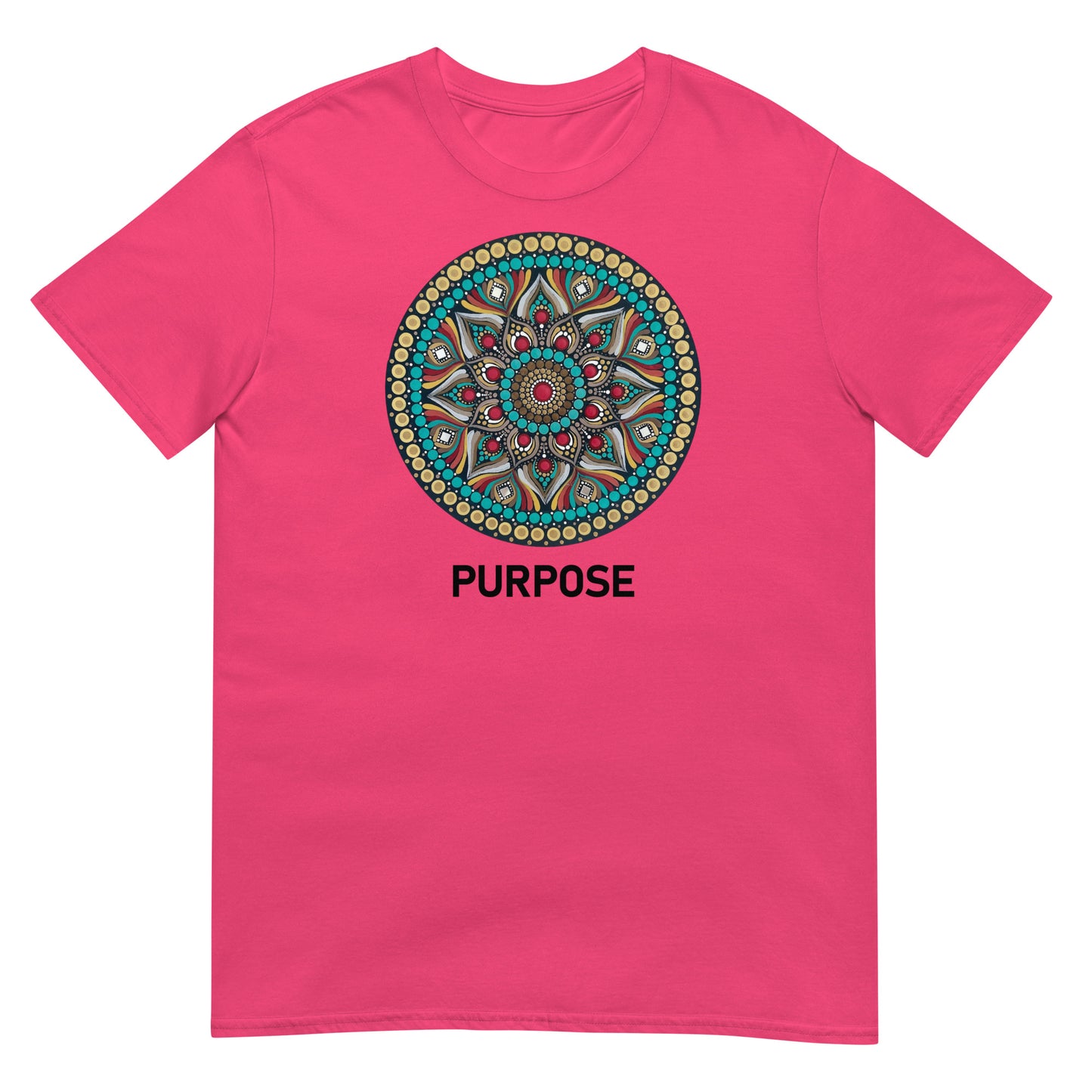 Unisex Softstyle T-Shirt (mandala with red core | on front | PURPOSE in black lettering)
