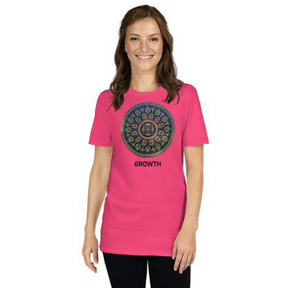 Unisex Softstyle T-Shirt (mandala with cross in the core | on front | GROWTH in black lettering)