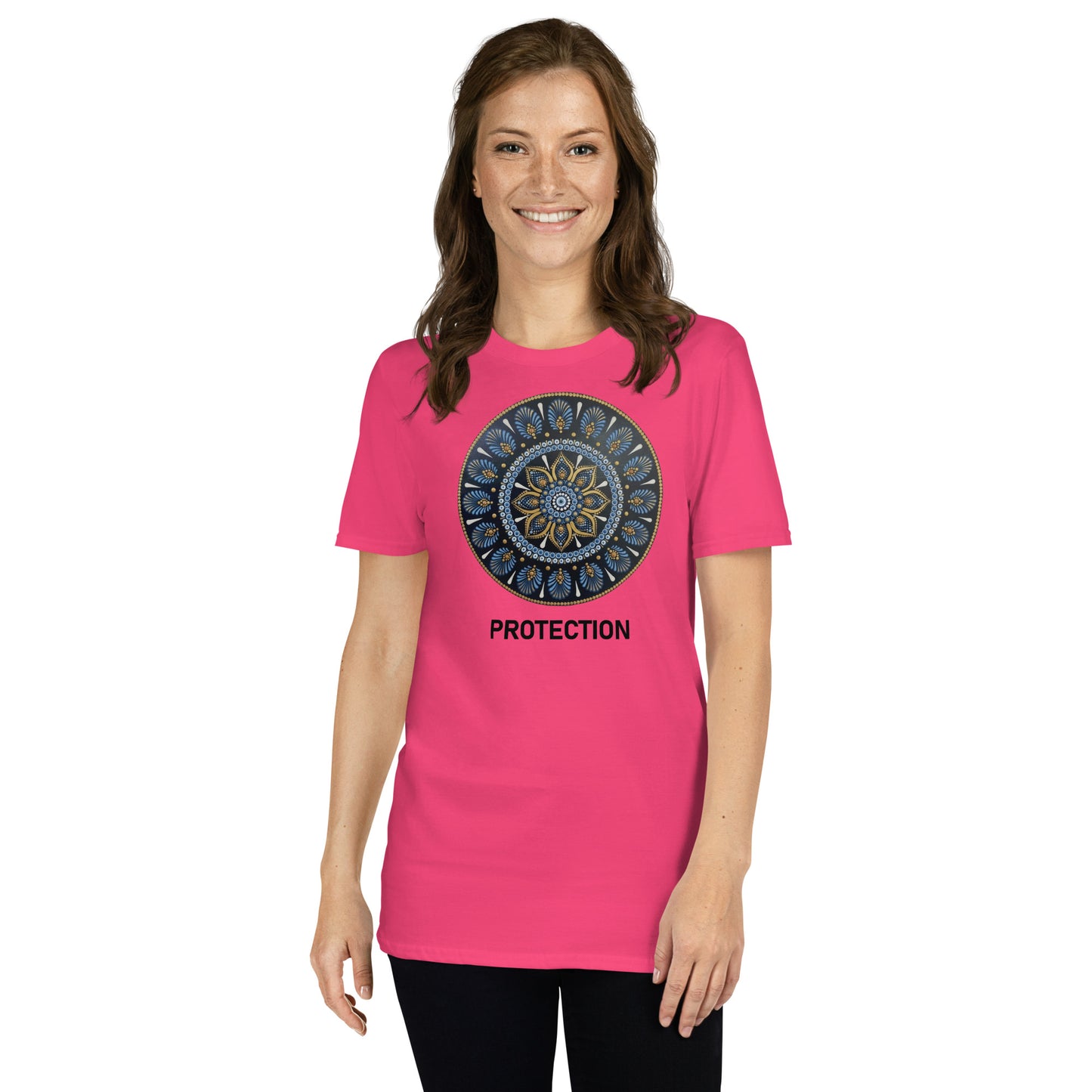 Unisex Softstyle T-Shirt (mandala with gold outer rim | on front | PROTECTION in black lettering)