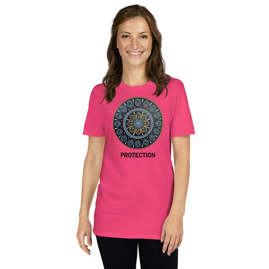 Unisex Softstyle T-Shirt (mandala with gold outer rim | on front | PROTECTION in black lettering)
