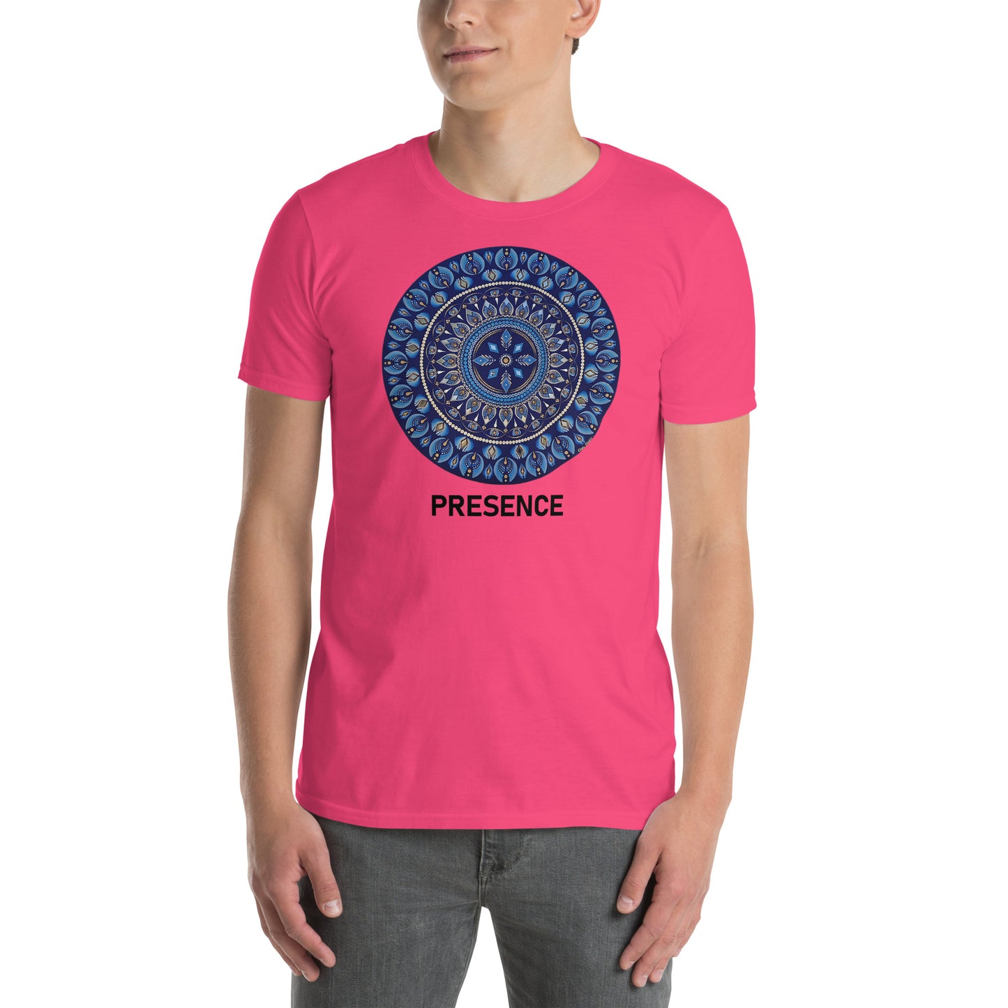 Unisex Softstyle T-Shirt (mandala with 4 diamonds | on front | PRESENCE in black lettering)