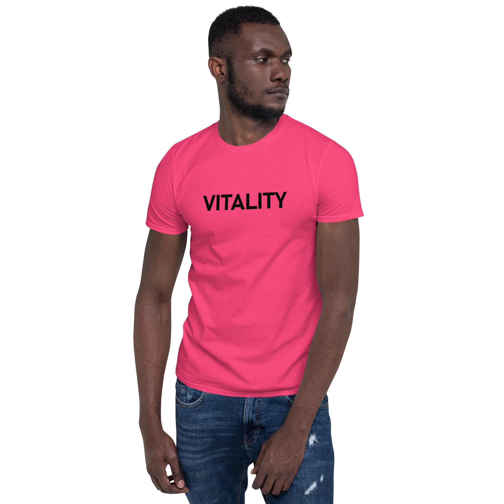 Unisex Softstyle T-Shirt (mandala with pink petals on back | VITALITY in black lettering on front)
