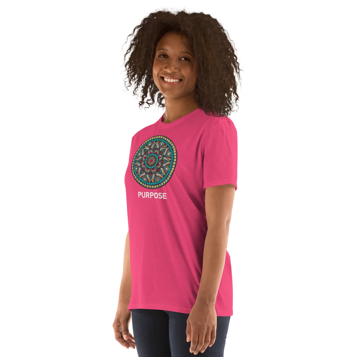 Unisex Softstyle T-Shirt (mandala with red core on front | PURPOSE in white lettering)