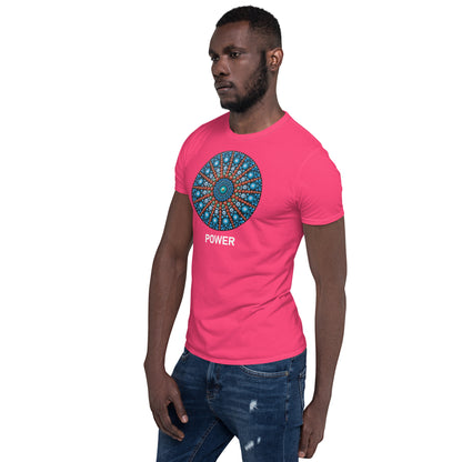 Unisex Softstyle T-Shirt (mandala with red lines | on front | POWER in white lettering)