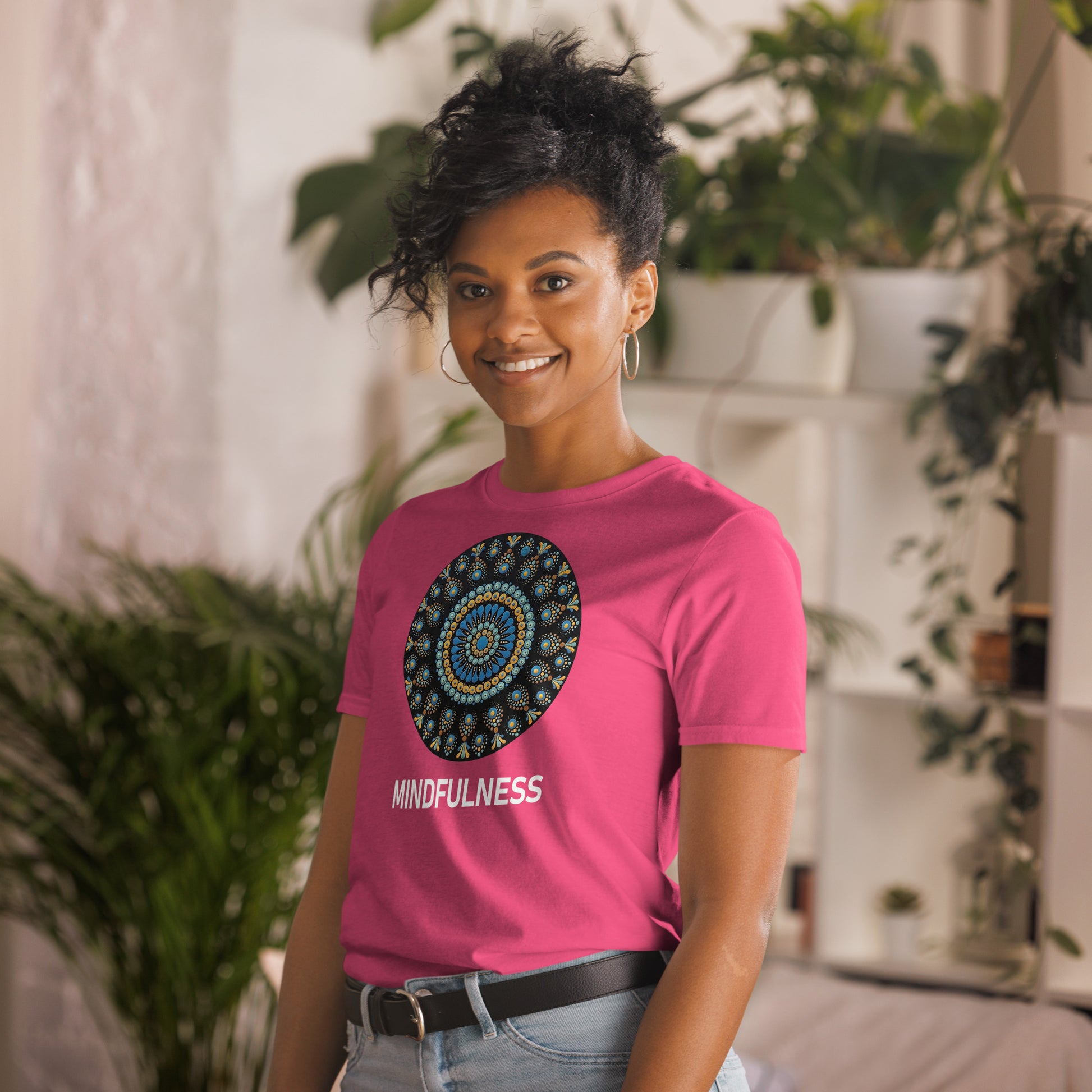 Unisex Softstyle T-Shirt (mandala with blue dots and black back | on front | MINDFULNESS in white lettering)