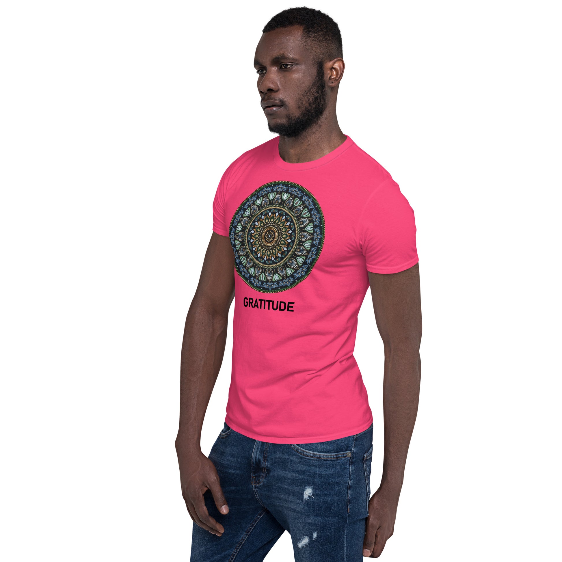 Unisex Softstyle T-Shirt (mandala green and gold rim | on front | GRATITUDE in black lettering)