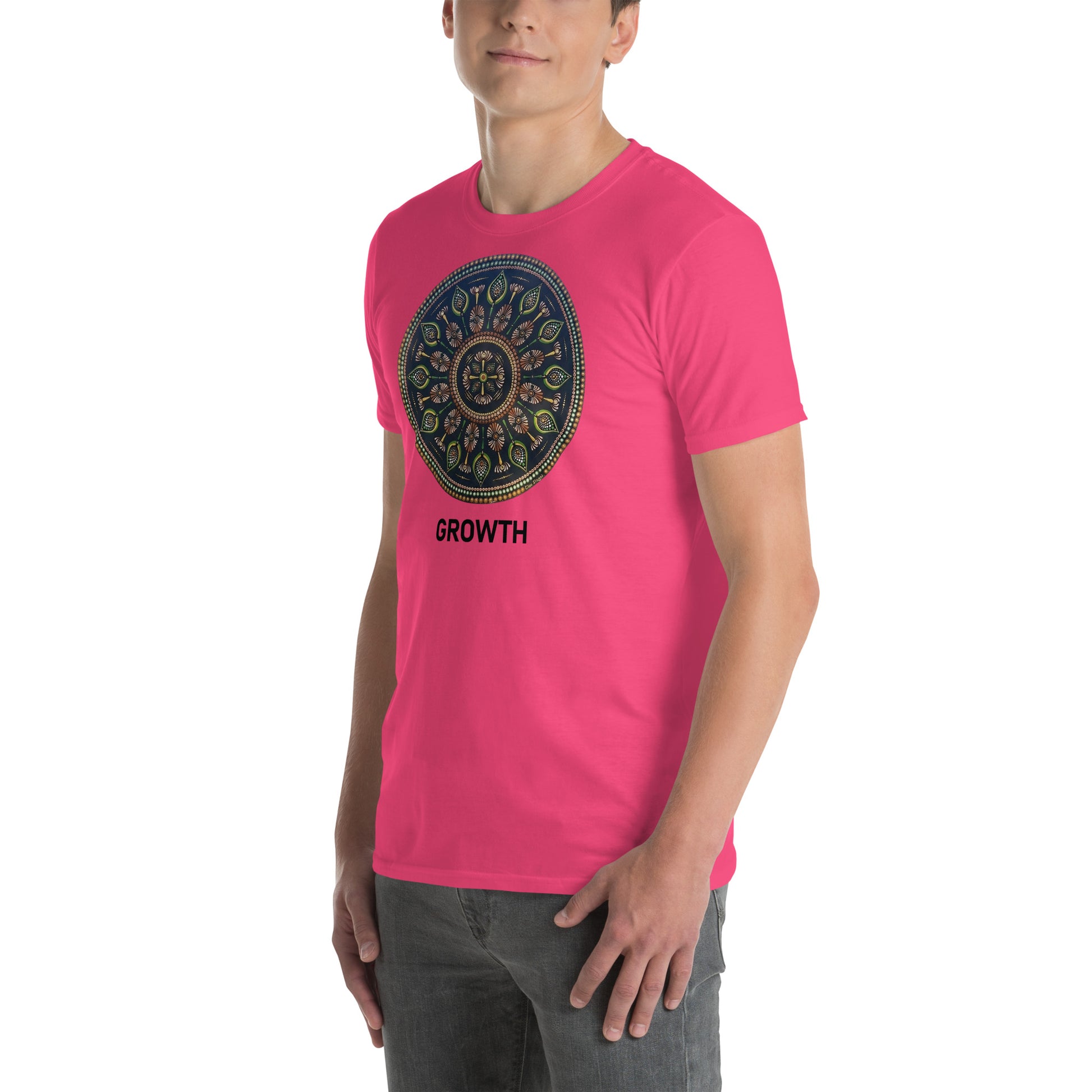 Unisex Softstyle T-Shirt (mandala with cross in the core | on front | GROWTH in black lettering)