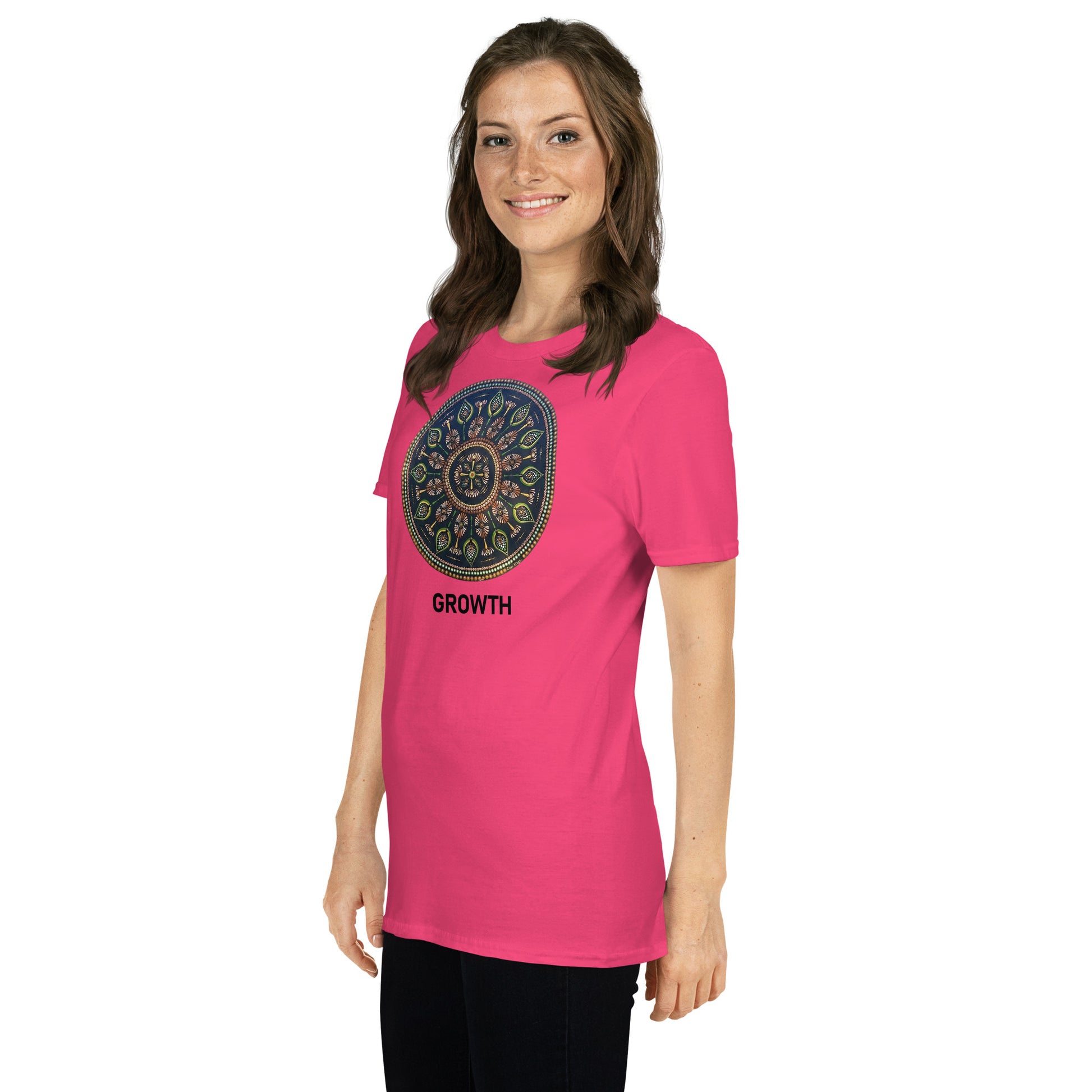 Unisex Softstyle T-Shirt (mandala with cross in the core | on front | GROWTH in black lettering)