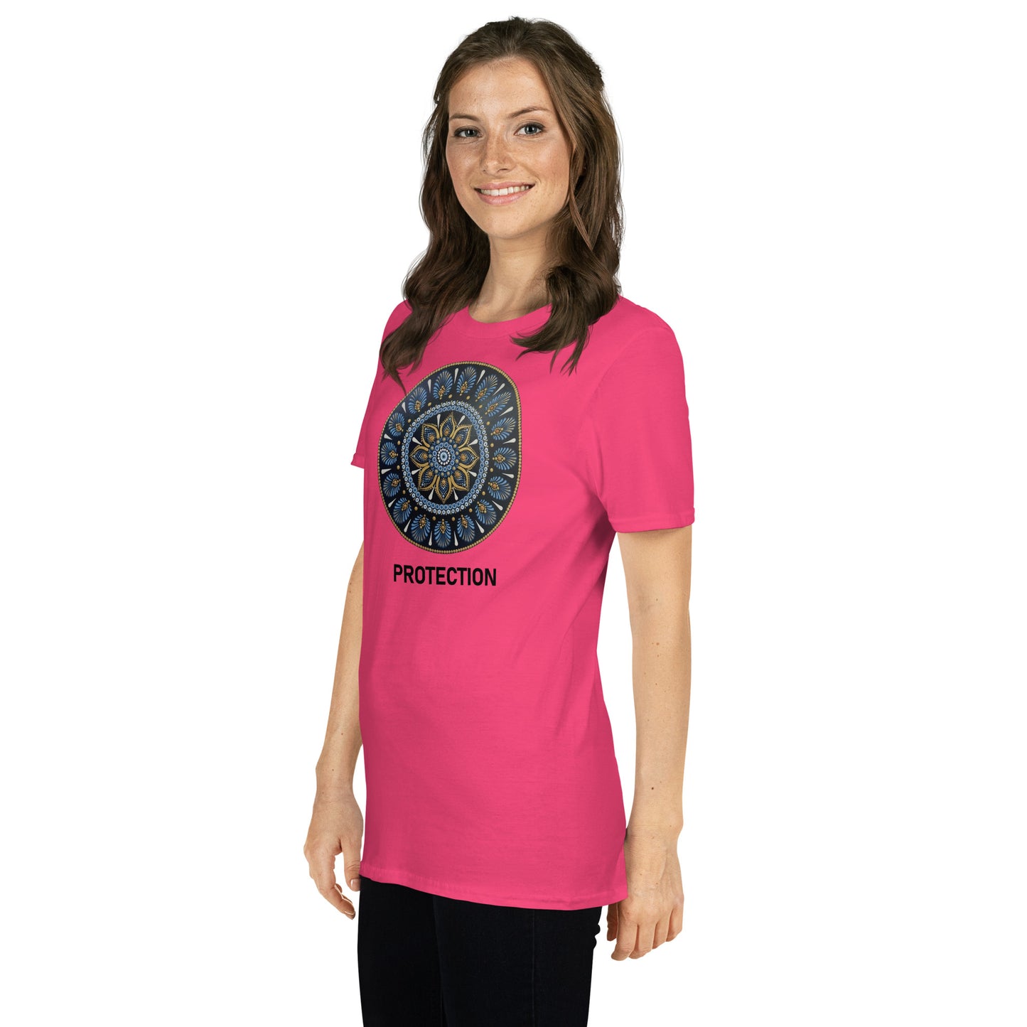 Unisex Softstyle T-Shirt (mandala with gold outer rim | on front | PROTECTION in black lettering)