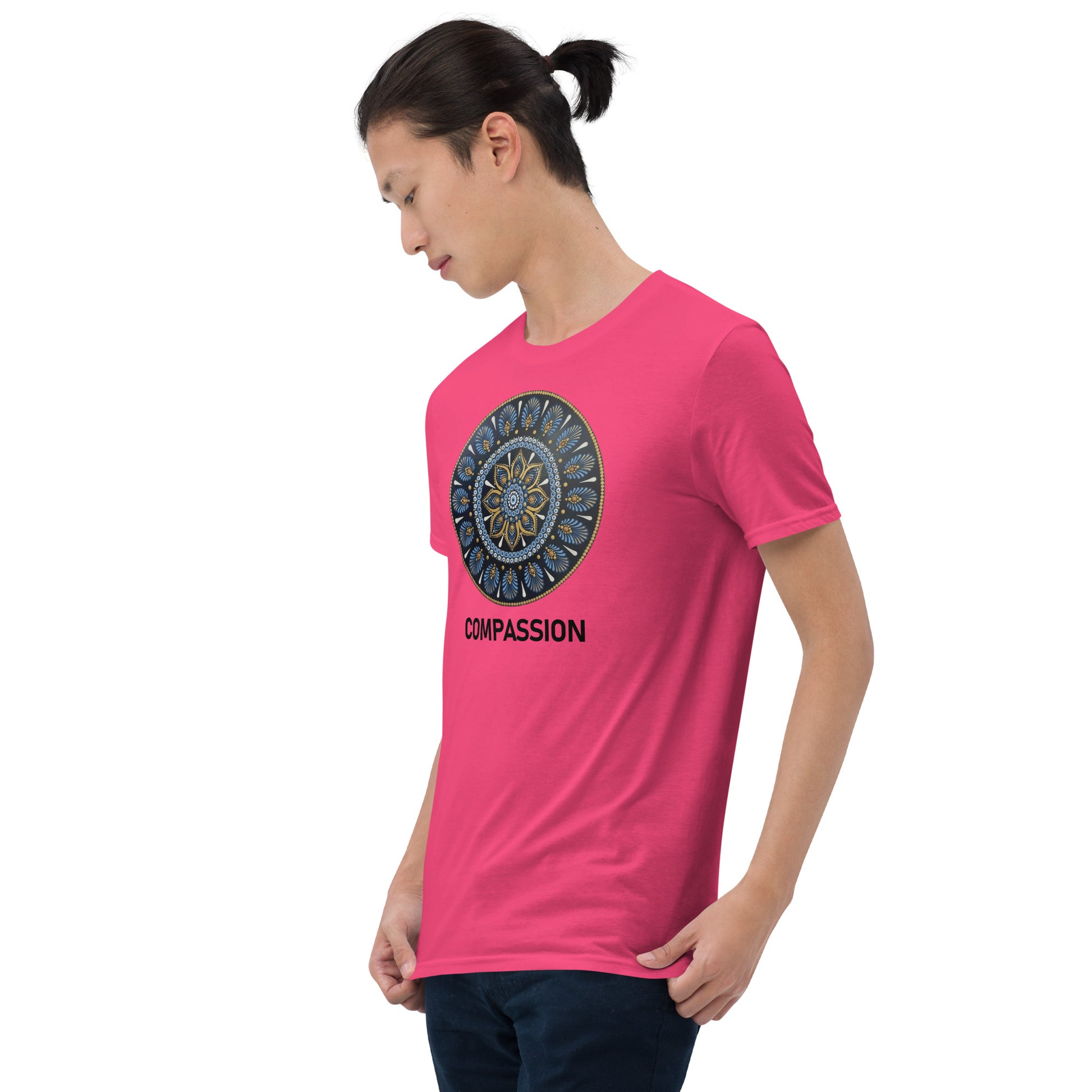 Unisex Softstyle T-Shirt (mandala with gold rim | on front | COMPASSION in black lettering)