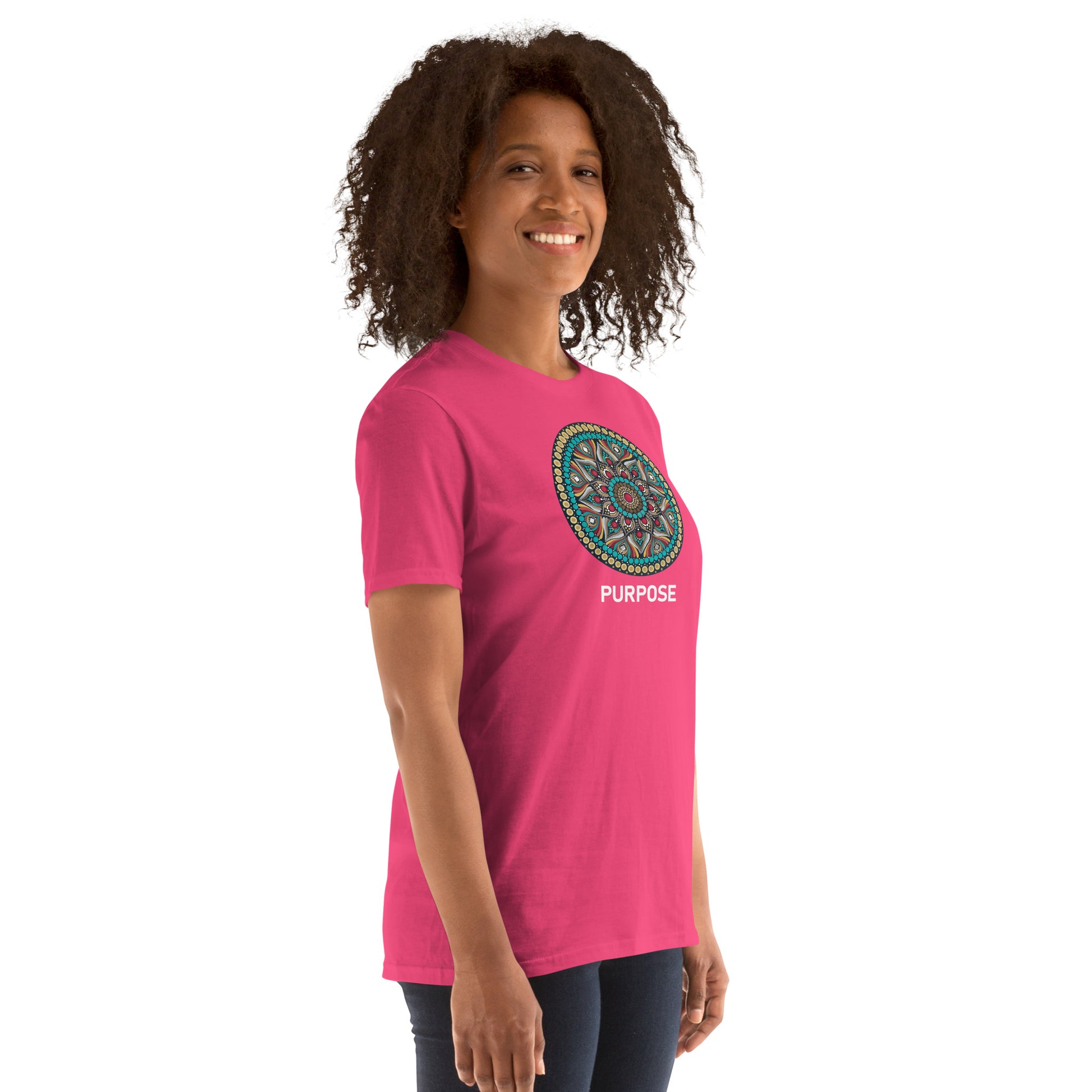 Unisex Softstyle T-Shirt (mandala with red core on front | PURPOSE in white lettering)
