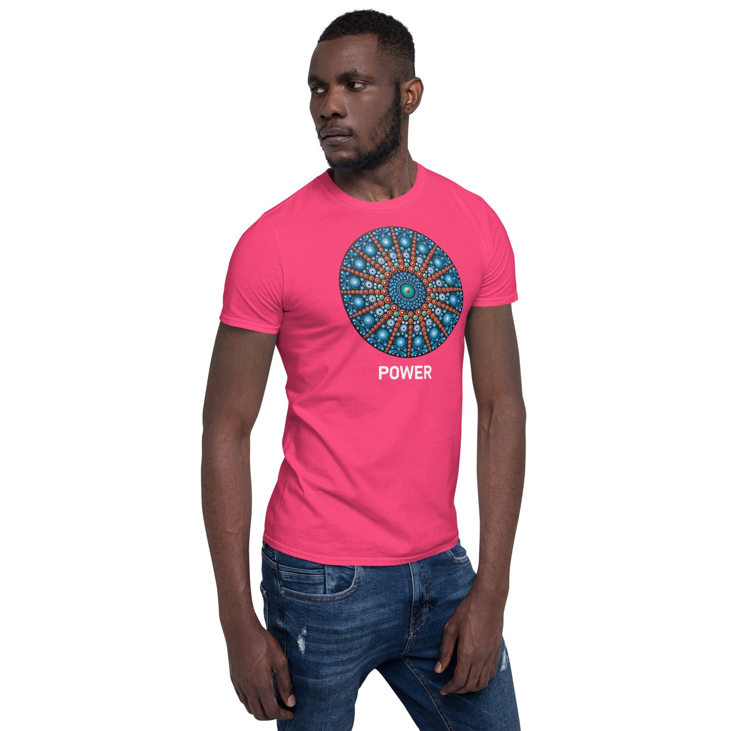 Unisex Softstyle T-Shirt (mandala with red lines | on front | POWER in white lettering)