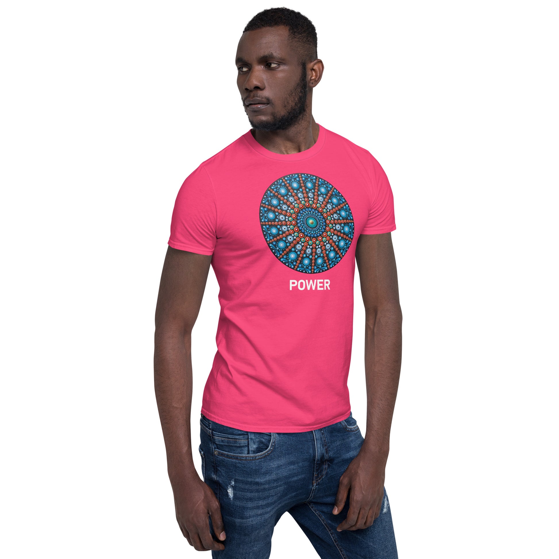 Unisex Softstyle T-Shirt (mandala with red lines | on front | POWER in white lettering)