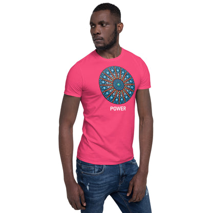 Unisex Softstyle T-Shirt (mandala with red lines | on front | POWER in white lettering)