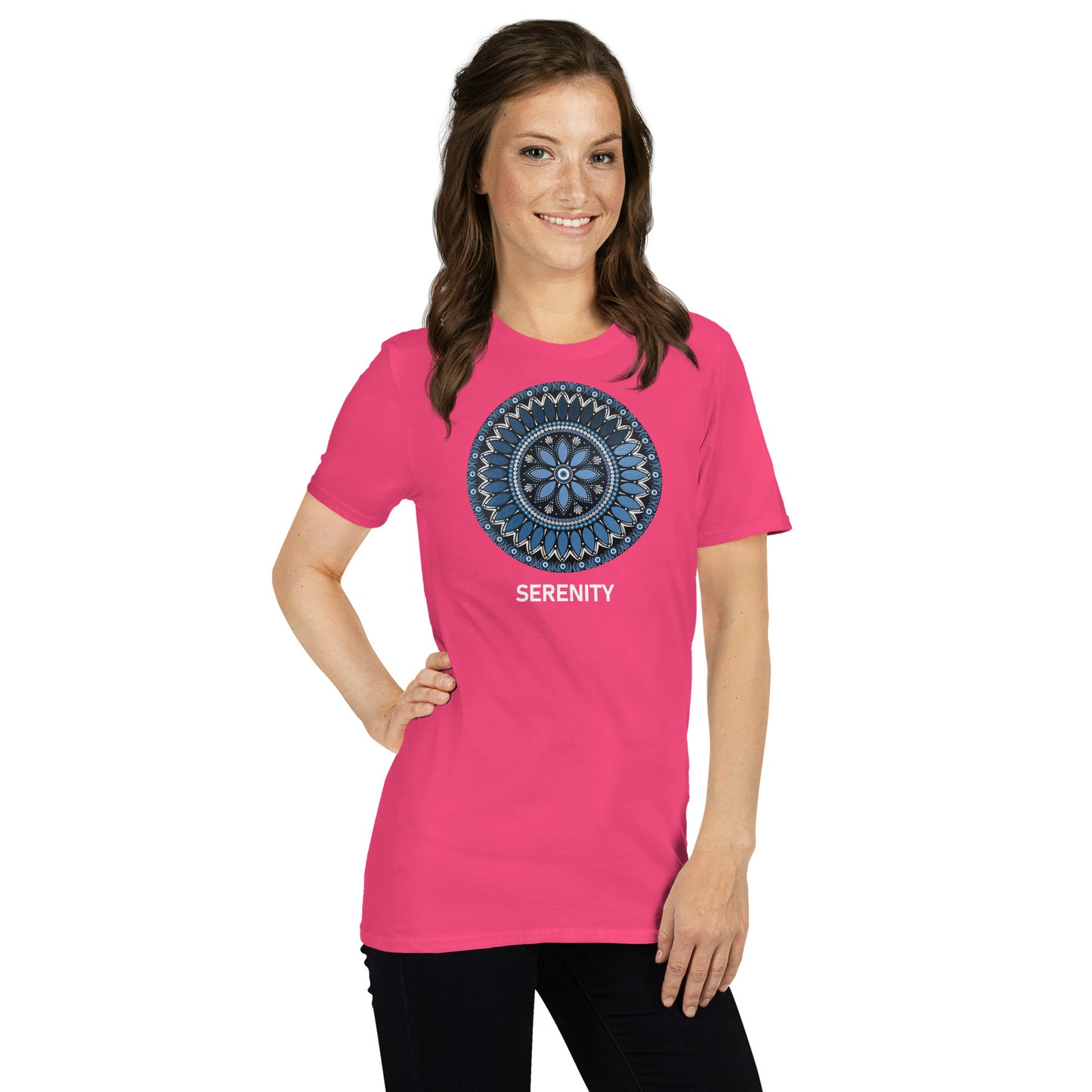 Unisex Softstyle T-Shirt (mandala with blue and white core | on front | SERENITY in white lettering)