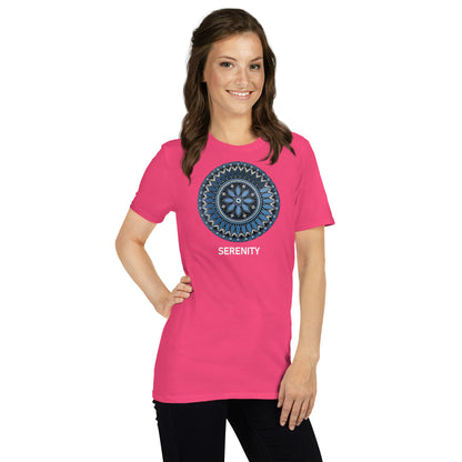 Unisex Softstyle T-Shirt (mandala with blue and white core | on front | SERENITY in white lettering)