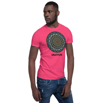Unisex Softstyle T-Shirt (mandala green and gold rim | on front | GRATITUDE in black lettering)