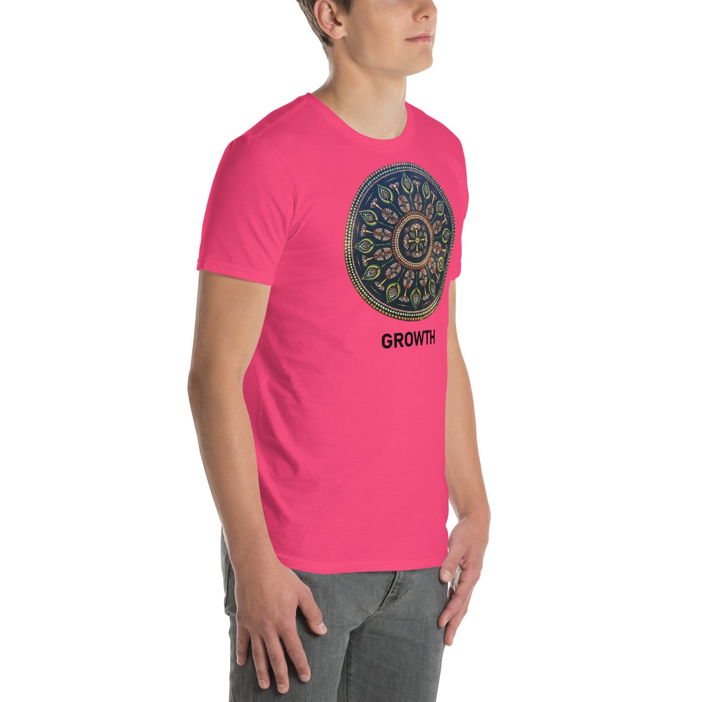 Unisex Softstyle T-Shirt (mandala with cross in the core | on front | GROWTH in black lettering)