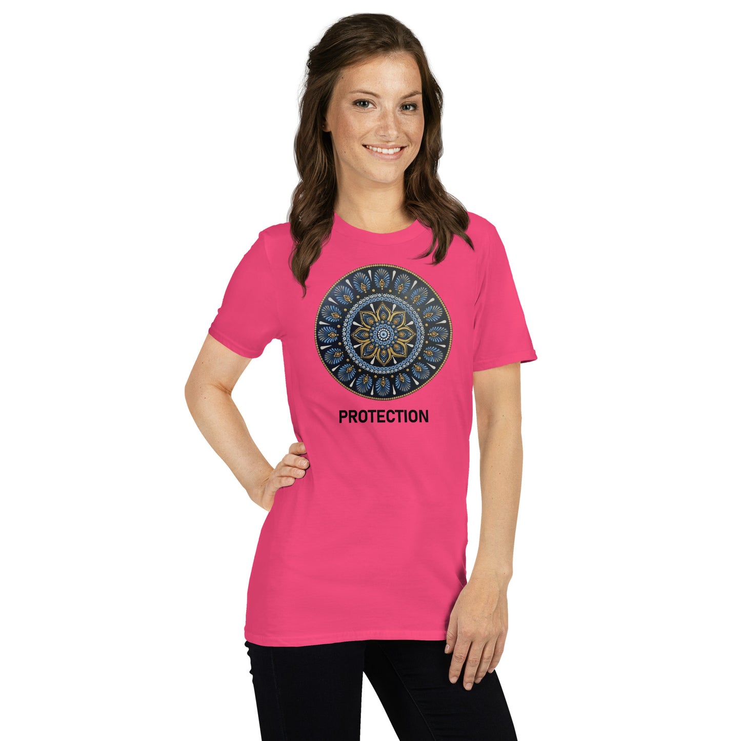 Unisex Softstyle T-Shirt (mandala with gold outer rim | on front | PROTECTION in black lettering)