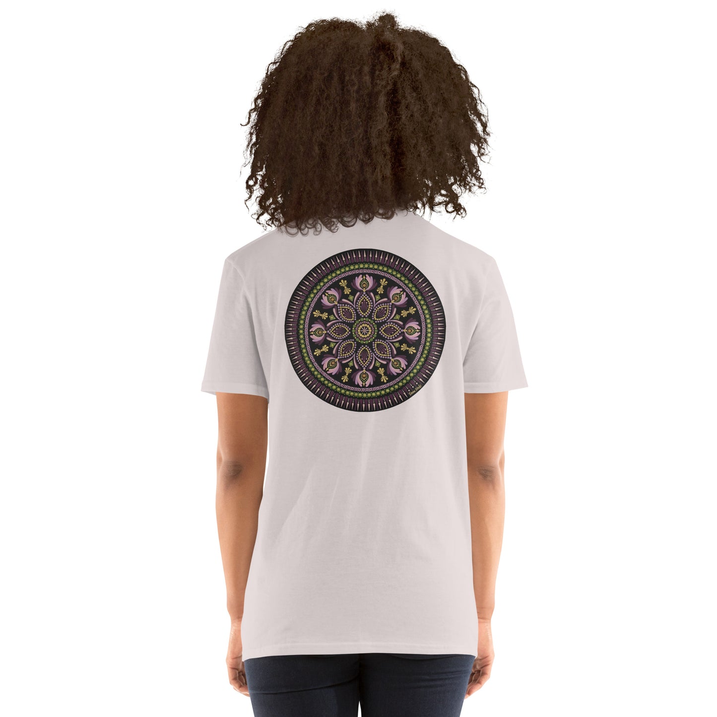 Unisex Softstyle T-Shirt (mandala with magenta rim on back | KINDNESS in black lettering on front)