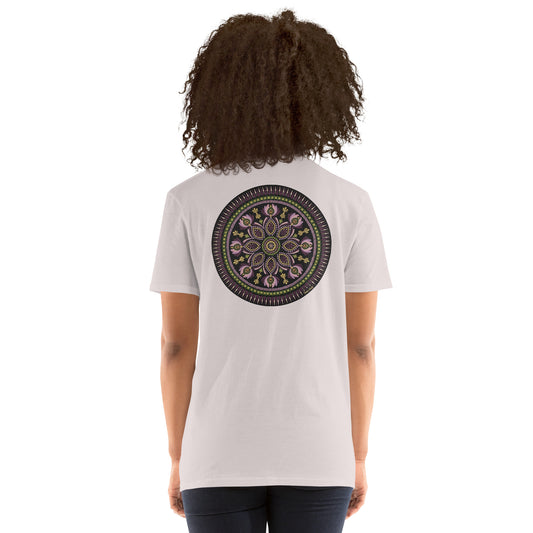 Unisex Softstyle T-Shirt (mandala with magenta rim on back | KINDNESS in black lettering on front)