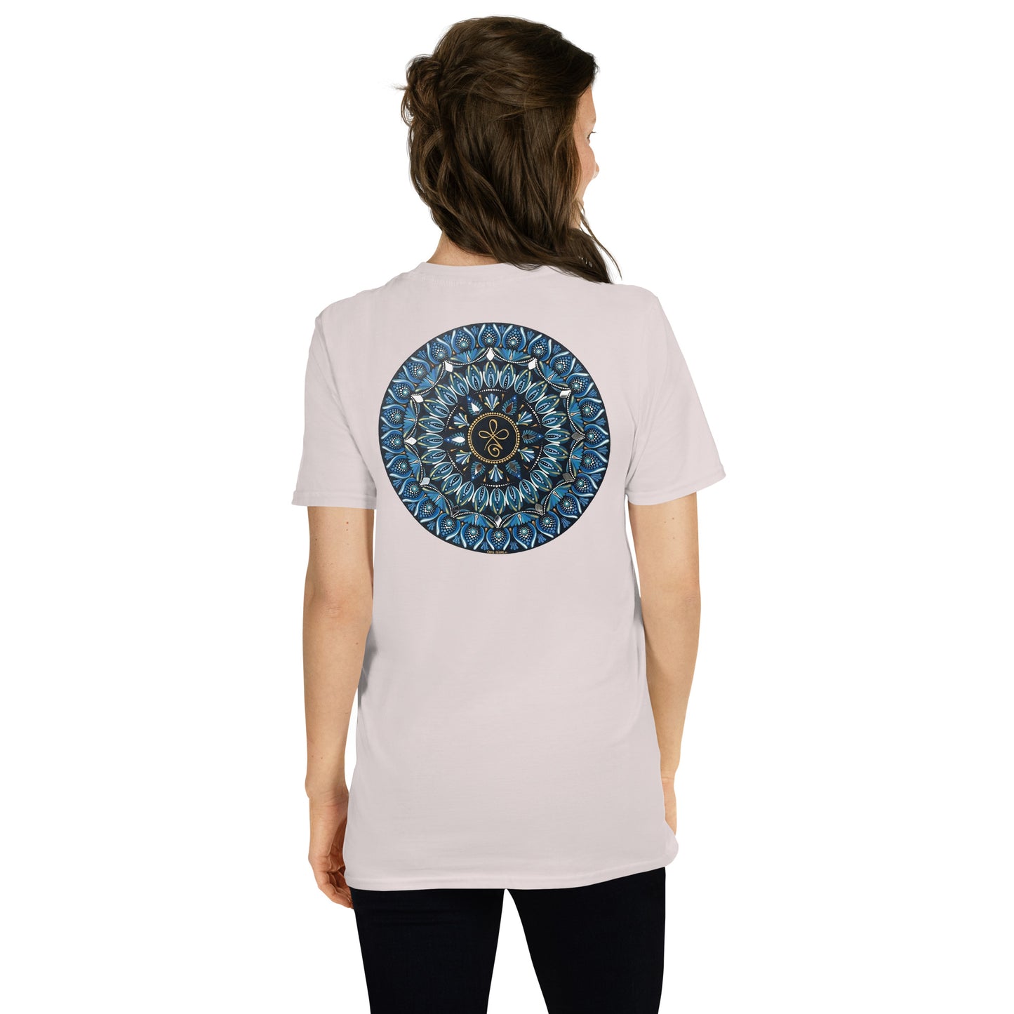 Unisex Softstyle T-Shirt (mandala with 3 loops in core on back | FAMILY in black lettering on front)