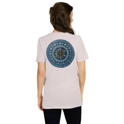 Unisex Softstyle T-Shirt (mandala with 3 loops in core on back | FAMILY in black lettering on front)