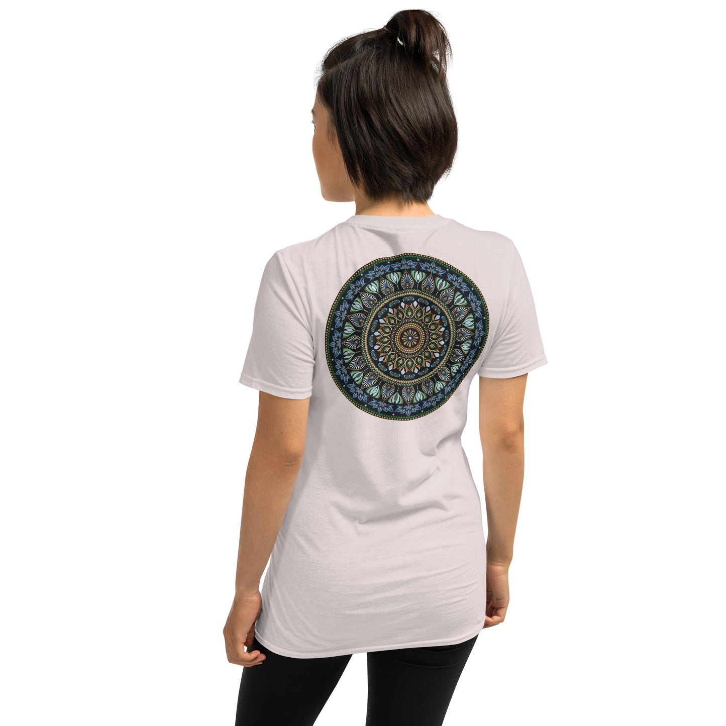 Unisex Softstyle T-Shirt (mandala green and gold rim on back | GRATITUDE in black lettering on front)