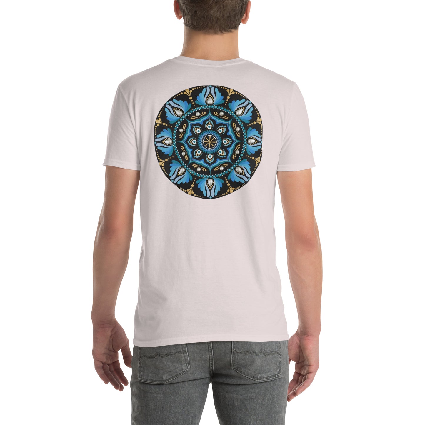 Unisex Softstyle T-Shirt (mandala with spokes in core on back | WISDOM in black lettering on front)
