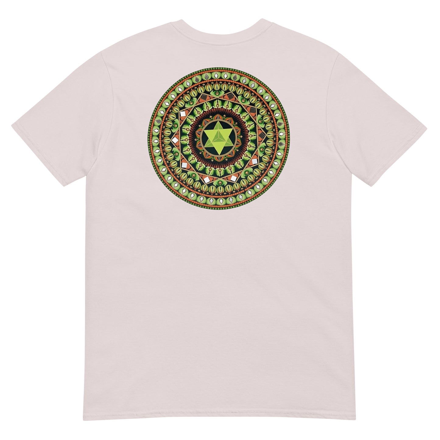 Unisex Softstyle T-Shirt (mandala with green star on back | HARMONY in black lettering on front)