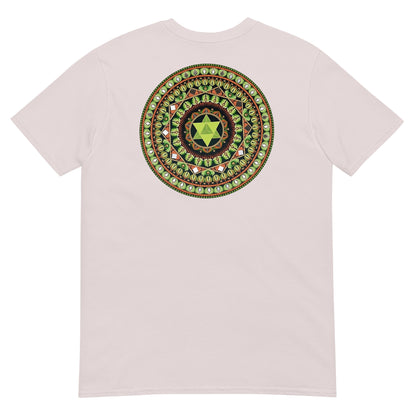 Unisex Softstyle T-Shirt (mandala with green star on back | HARMONY in black lettering on front)