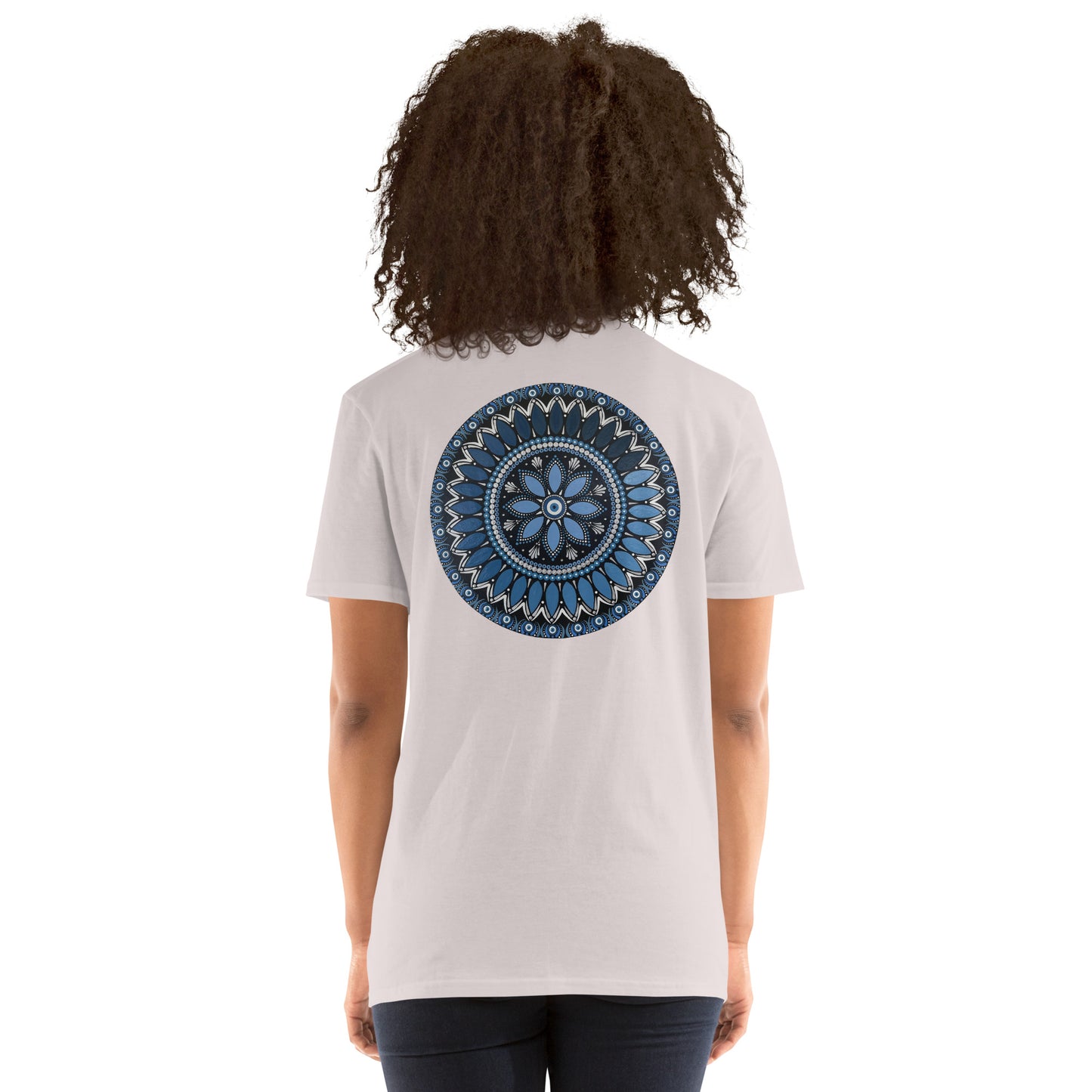 Unisex Softstyle T-Shirt (mandala with blue and white core on back | SERENITY in black lettering on front)
