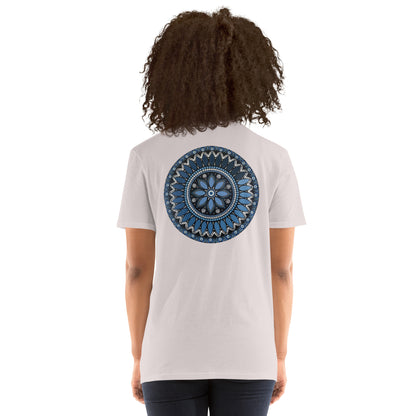 Unisex Softstyle T-Shirt (mandala with blue and white core on back | SERENITY in black lettering on front)