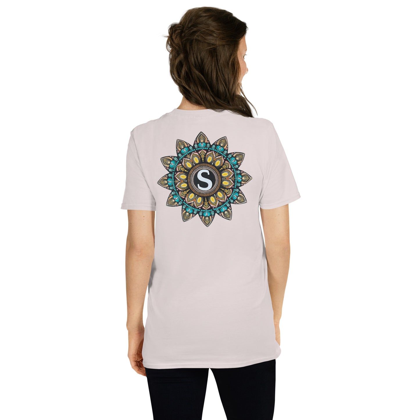 Unisex Softstyle T-Shirt (mandala with "S" in core on back | SHINE in black lettering on front)