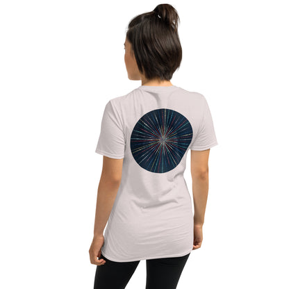 Unisex Softstyle T-Shirt (mandala with streams of light on back | EXPANSION in black lettering on front)