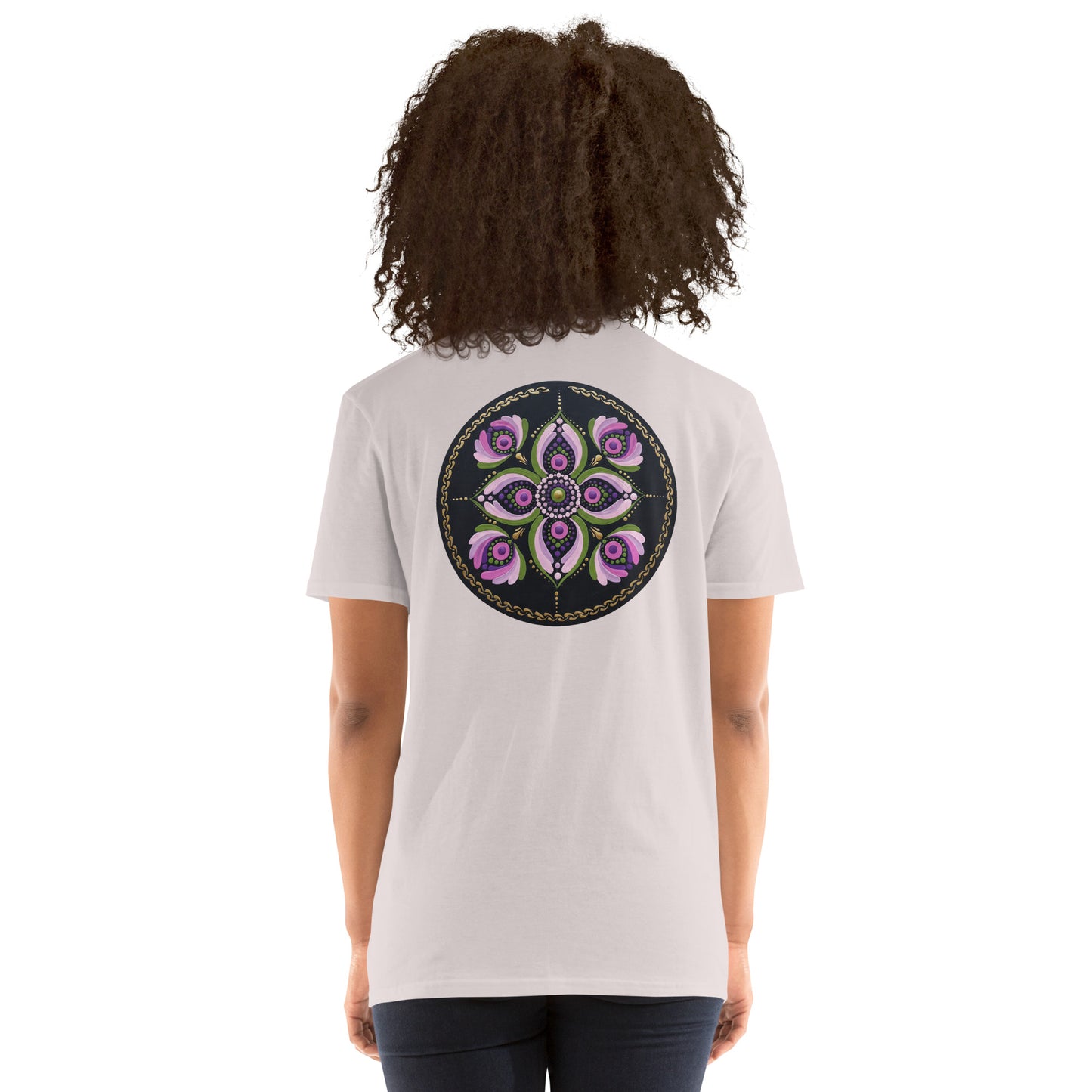 Unisex Softstyle T-Shirt (mandala with purple petals on back | GRACE in black lettering on front)