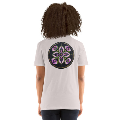 Unisex Softstyle T-Shirt (mandala with purple petals on back | GRACE in black lettering on front)