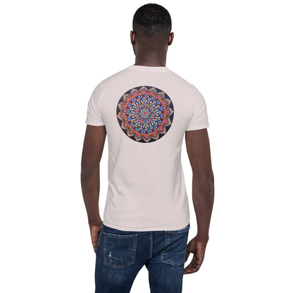Unisex Softstyle T-Shirt (mandala with pink petals on back | VITALITY in black lettering on front)
