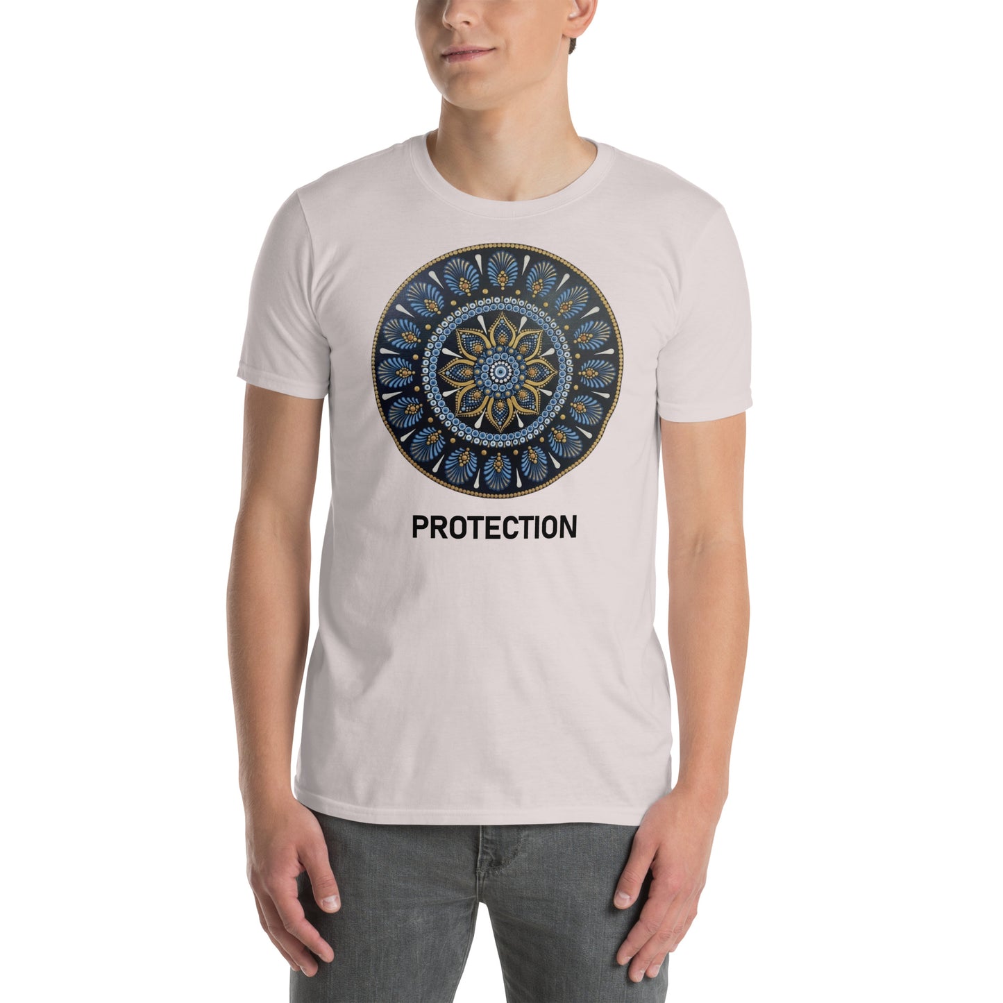 Unisex Softstyle T-Shirt (mandala with gold rim on front | PROTECTION in black lettering)