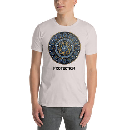 Unisex Softstyle T-Shirt (mandala with gold rim on front | PROTECTION in black lettering)