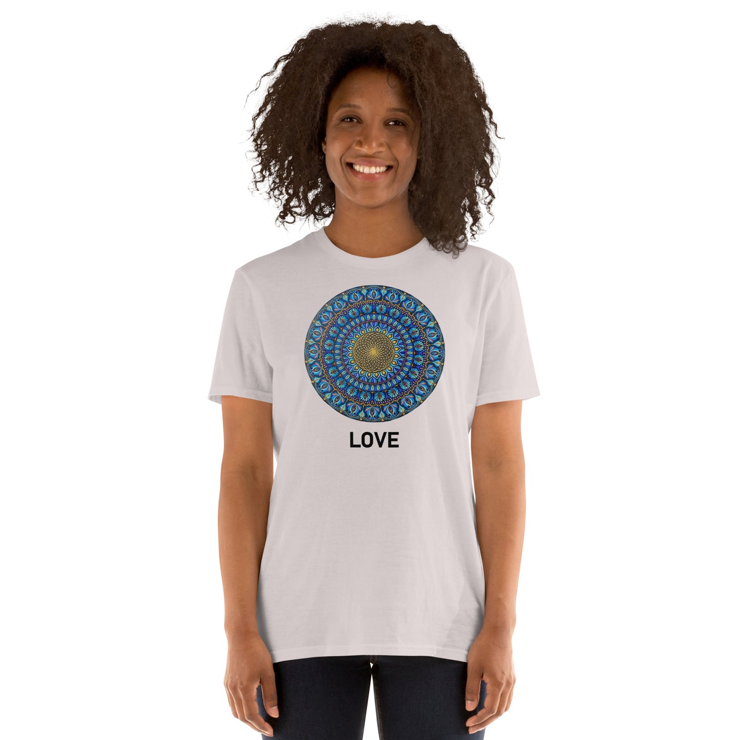 Unisex Softstyle T-Shirt (mandala with golden core | on front | LOVE in black lettering)