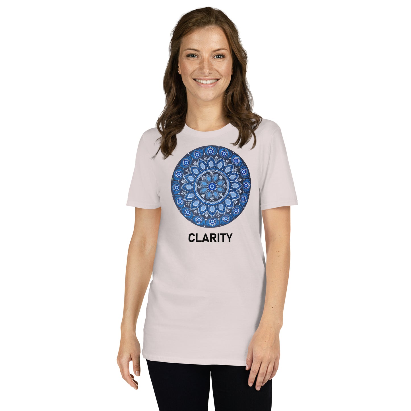 Unisex Softstyle T-Shirt (all blue mandala | on front | CLARITY in black lettering)