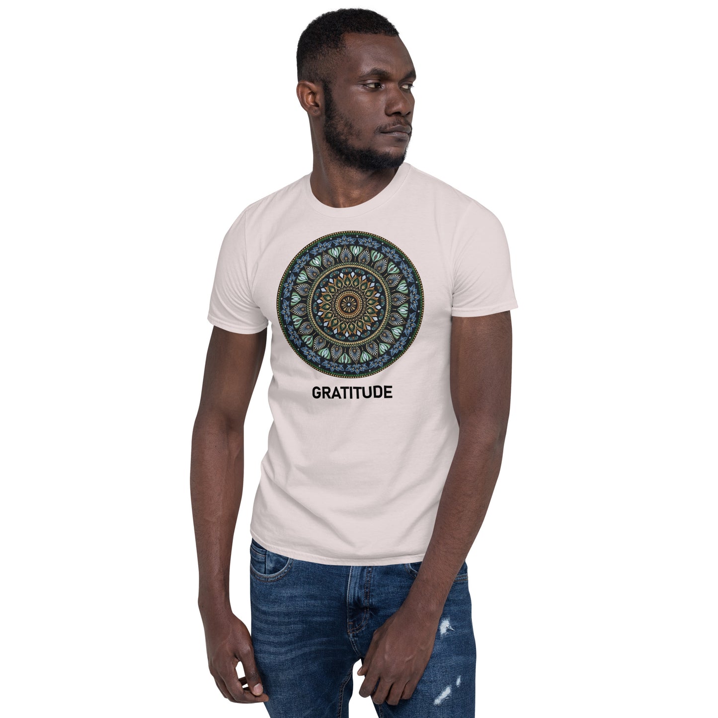 Unisex Softstyle T-Shirt (mandala green and gold rim | on front | GRATITUDE in black lettering)