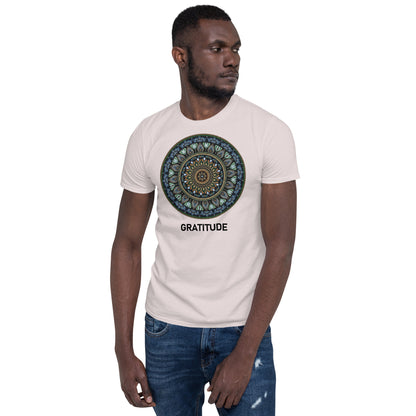 Unisex Softstyle T-Shirt (mandala green and gold rim | on front | GRATITUDE in black lettering)