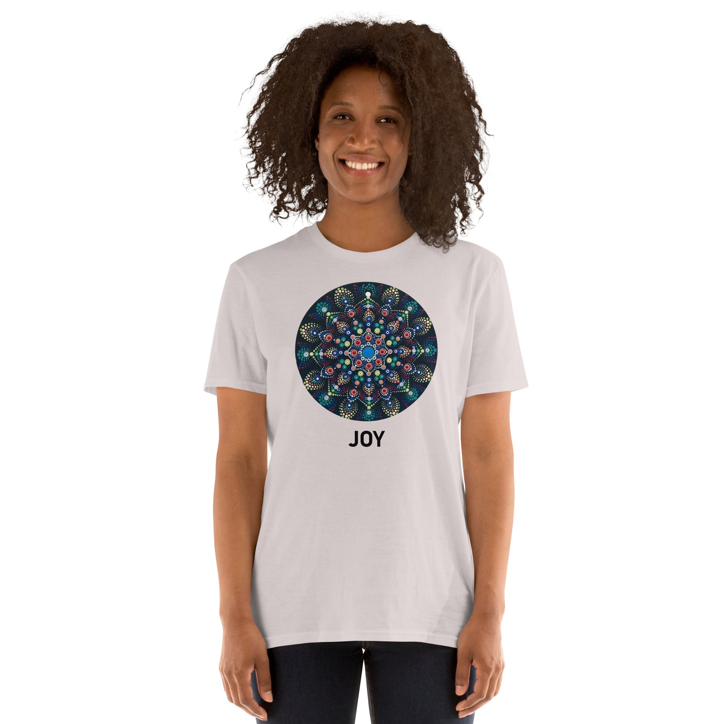 Unisex Softstyle T-Shirt (mandala with colorful dots | on front | JOY in black lettering)