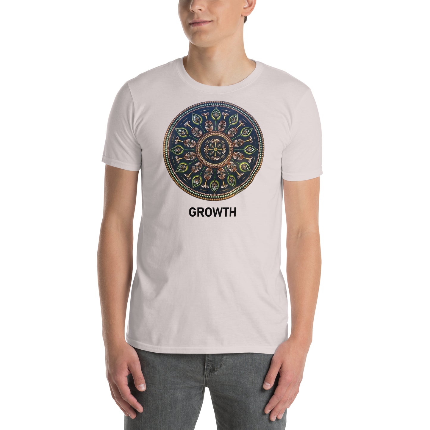 Unisex Softstyle T-Shirt (mandala with cross in the core | on front | GROWTH in black lettering)