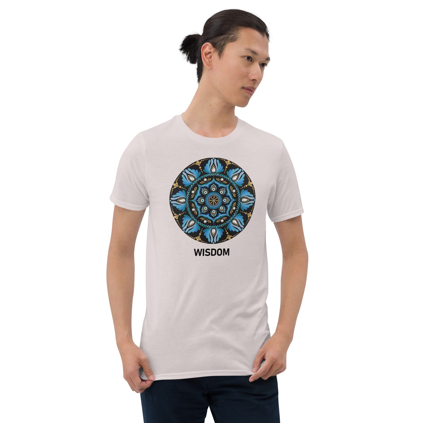 Unisex Softstyle T-Shirt (mandala with spokes in core | on front | WISDOM in black lettering)