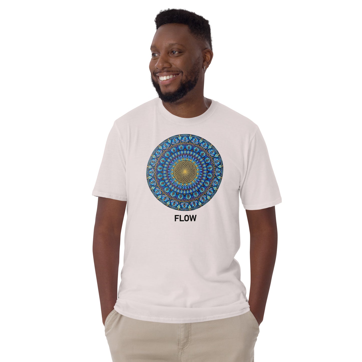 Unisex Softstyle T-Shirt (mandala with golden core | on front | FLOW in black lettering)